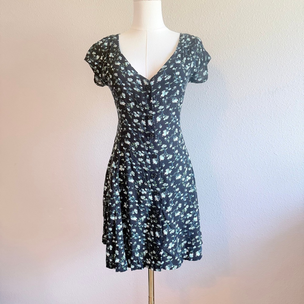 Womens XS Black Floral Button Front Mini Dress Corset Back Y2K Cottagecore
